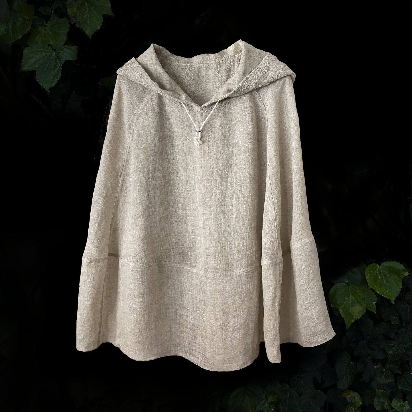 Embroidered Natural Linen Meditation Poncho